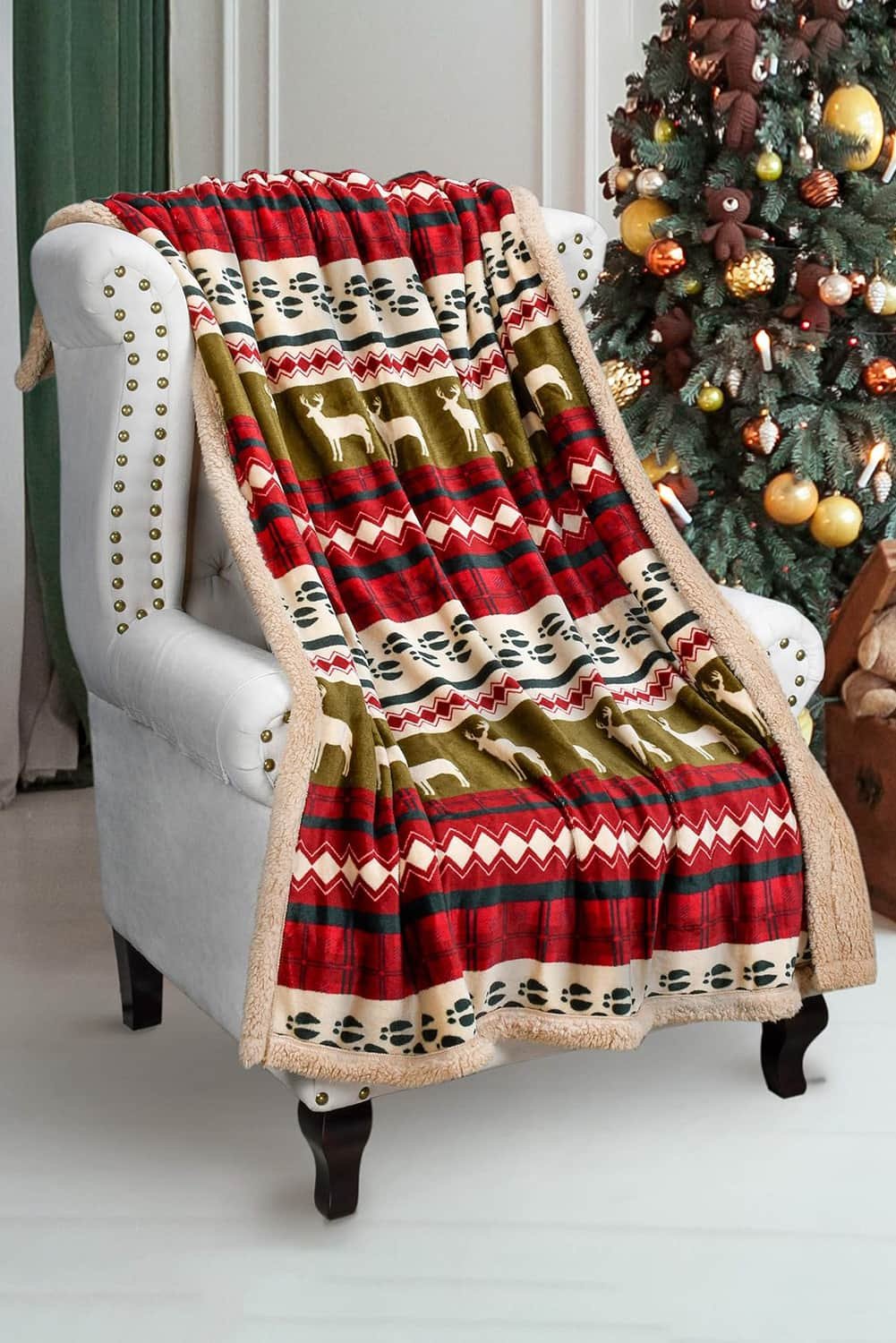 Dark Green Christmas Elk Print Reversible Sherpa Fleece Blanket 130*150Cm