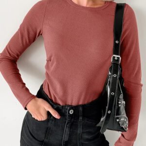 Mineral Red Ribbed Long Sleeve Crew Neck Solid Color Bodysuit