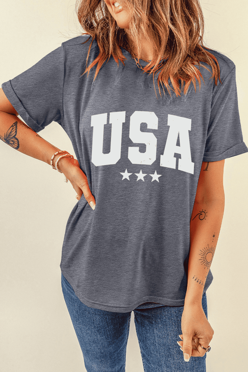 Gray Usa Vintage Star Letter Graphic Tee