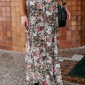 Brown Floral Print High Waist Maxi Skirt