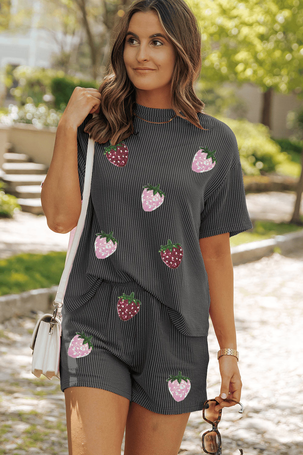 Carbon Grey Sequin Strawberry Patched Twist Ribbed Short 2Pcs Outfit