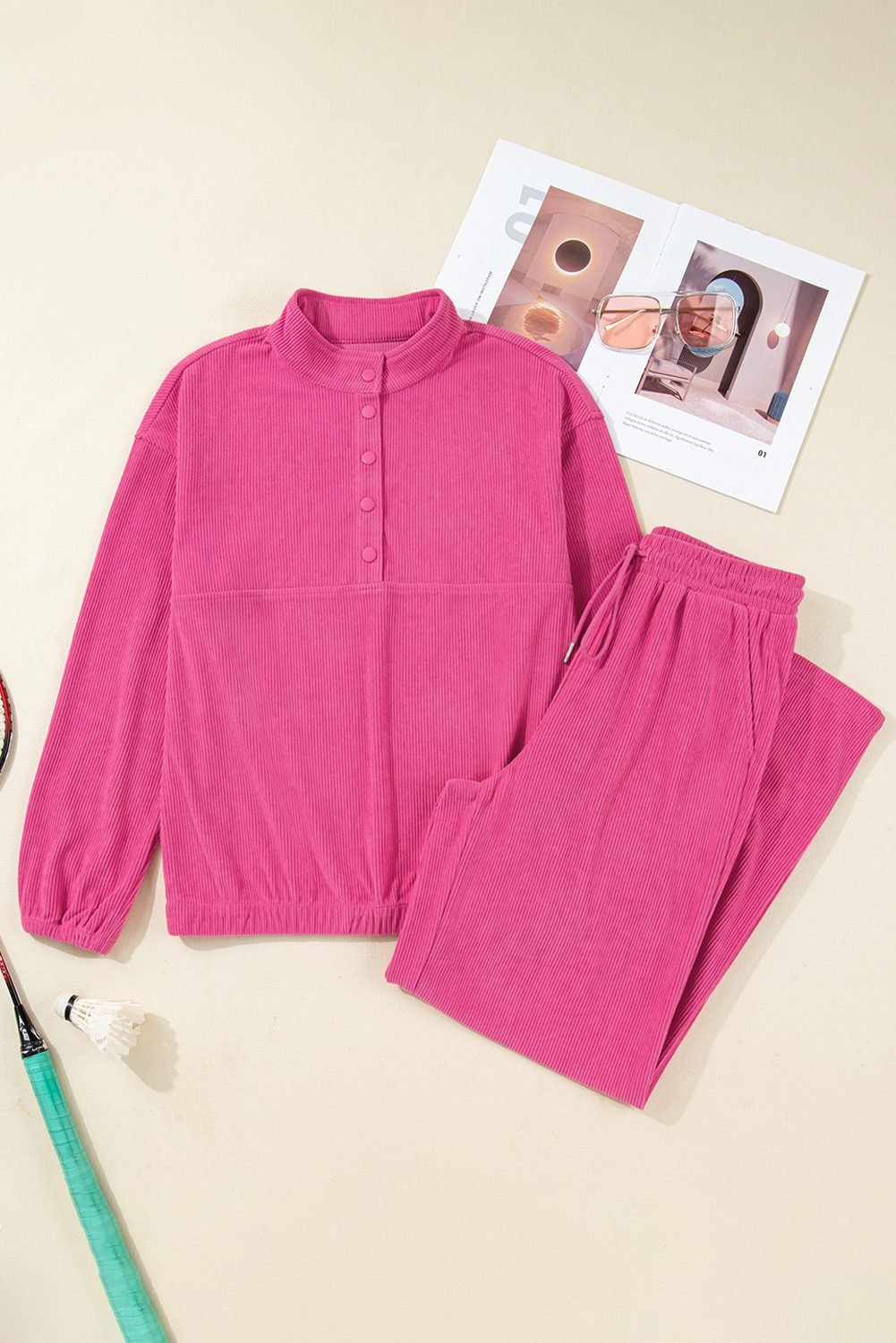 Peach Blossom Half Button Pullover Drawstring Pants Solid Color Corduroy 2Pcs Outfit