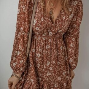 Brown Boho Floral Ruffled Puff Sleeve V Neck Mini Dress