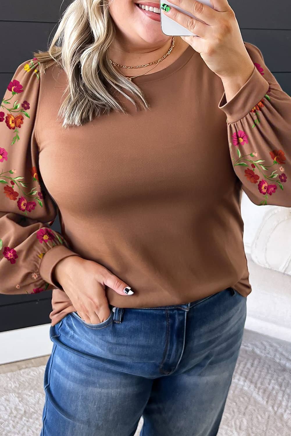 Brown Floral Sleeve Patchwork Round Neck Plus Blouse
