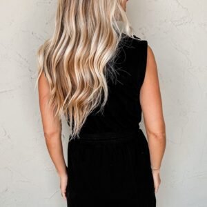 Black French Terry Zipped Collar Sleeveless Drawstring Waist Mini Dress