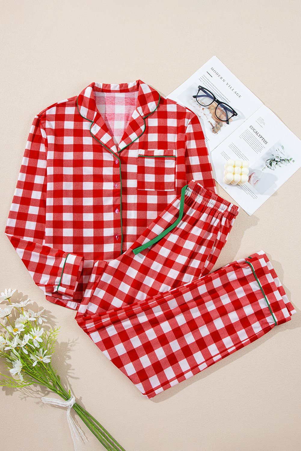 Fiery Red Christmas Plaid Print Shirt And Pants Pajama Set