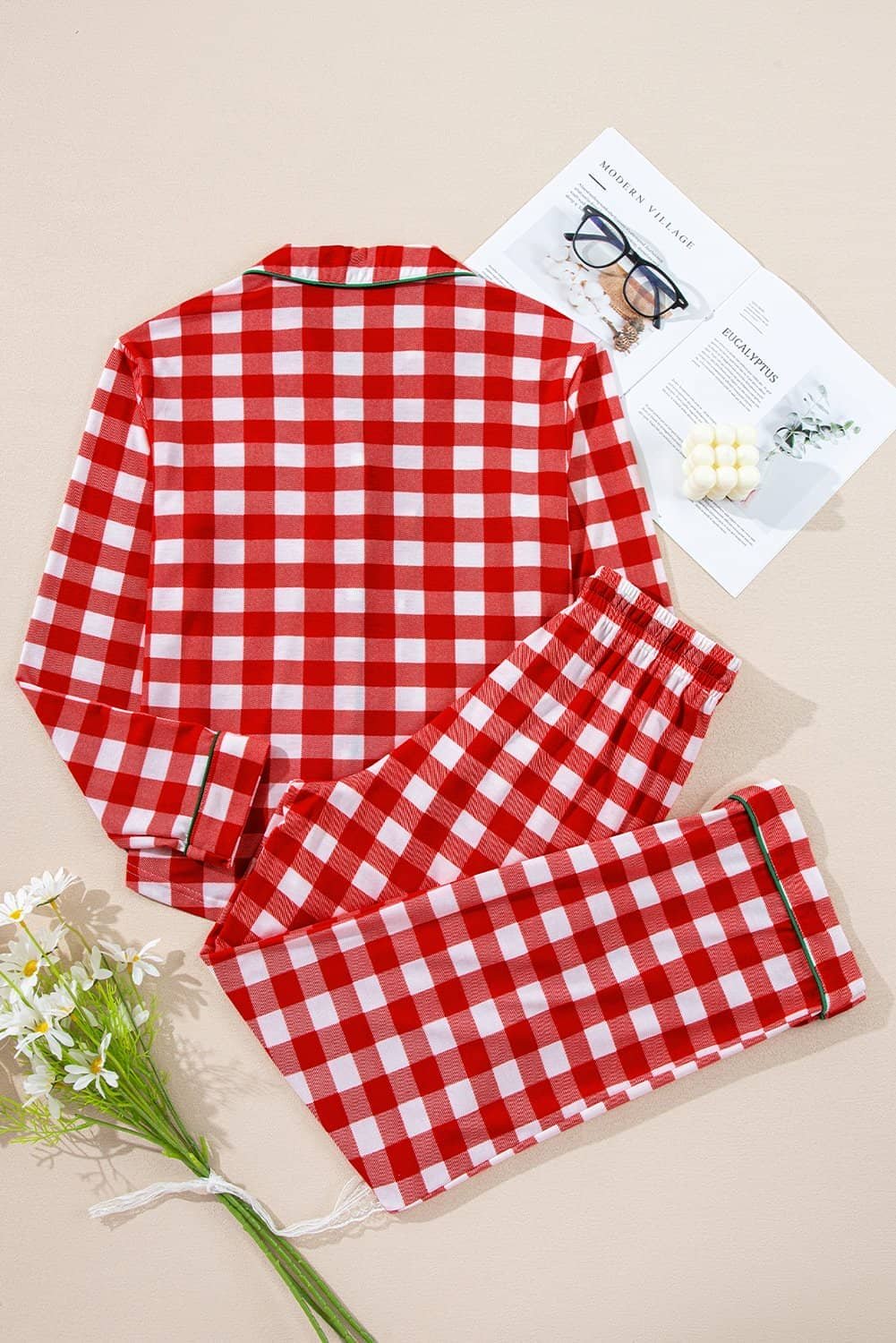 Fiery Red Christmas Plaid Print Shirt And Pants Pajama Set