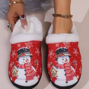 Fiery Red Christmas Snowman Print Plush Home Slippers