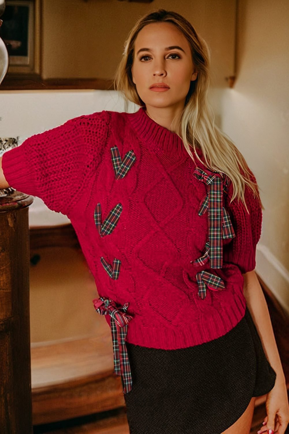 Fiery Red Plaid Lace Up Detail Christmas Holiday Puff Short Sleeve Sweater