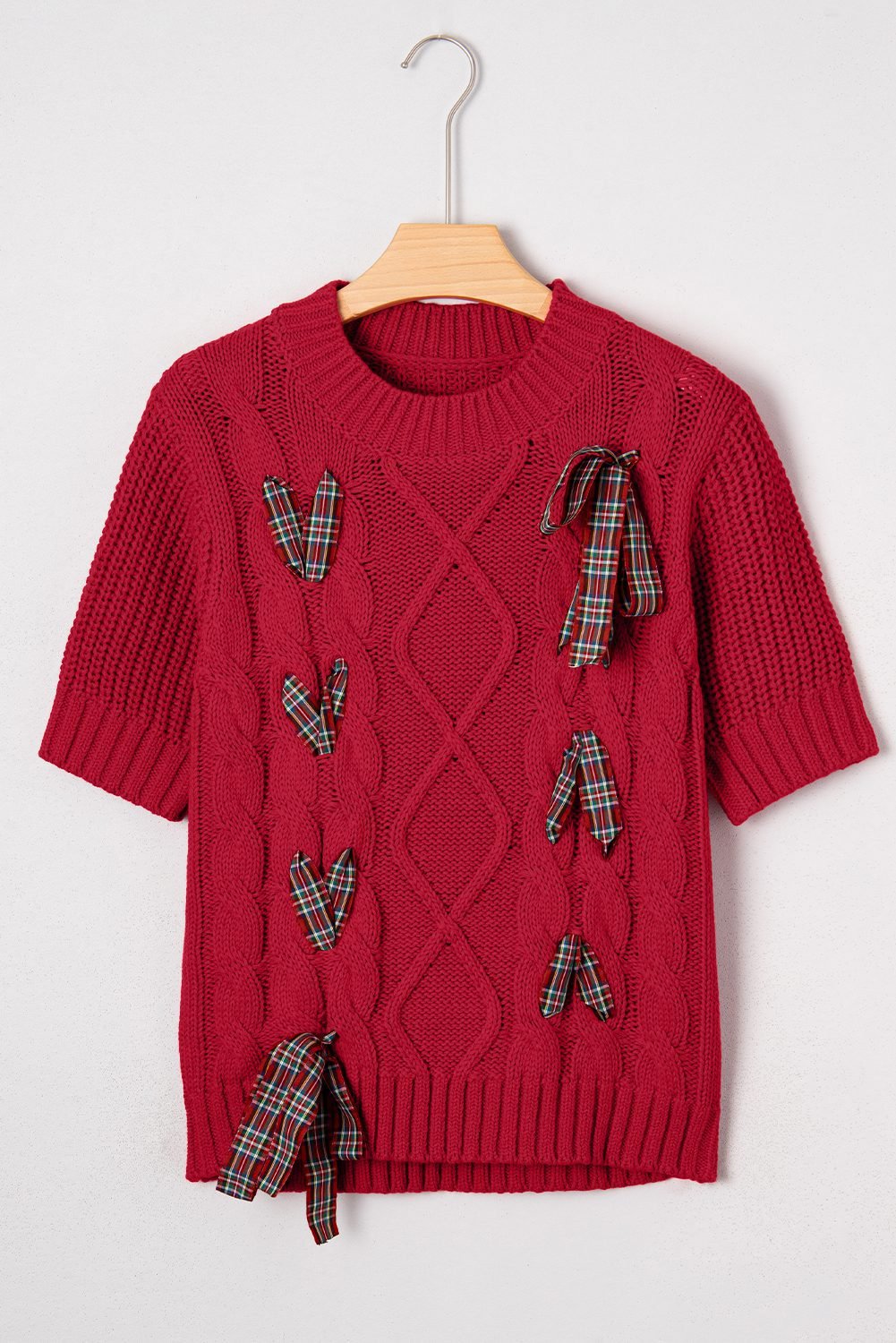 Fiery Red Plaid Lace Up Detail Christmas Holiday Puff Short Sleeve Sweater