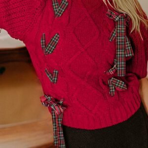 Fiery Red Plaid Lace Up Detail Christmas Holiday Puff Short Sleeve Sweater