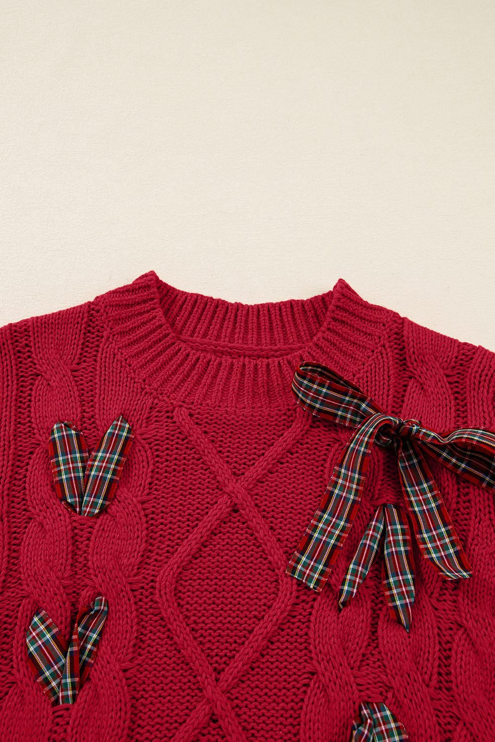 Fiery Red Plaid Lace Up Detail Christmas Holiday Puff Short Sleeve Sweater
