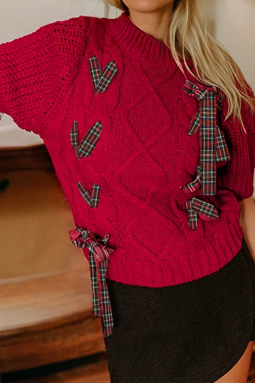 Fiery Red Plaid Lace Up Detail Christmas Holiday Puff Short Sleeve Sweater
