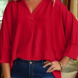 Fiery Red Plus Size Smocked Cuff Dolman Oversized Tunic Blouse