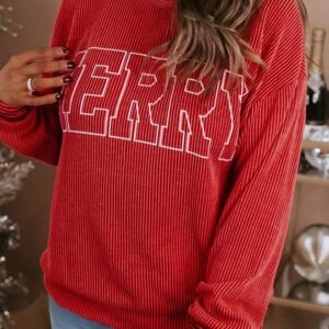 Fiery Red Twist Ribbed Merry Letter Graphic Plus Size Pullover