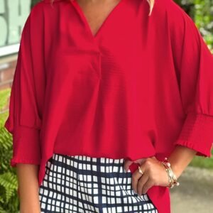 Fiery Red V Neck Collared Shirred 3/4 Sleeve Oversized Tunic Top