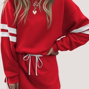 Fiery Red Varsity Stripe Detail Drop Shoulder Pullover Mini Skirt Set