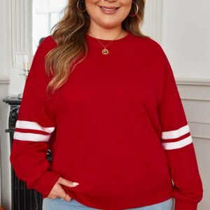 Fiery Red Varsity Striped Detail Crew Neck Plus Sweatshirt