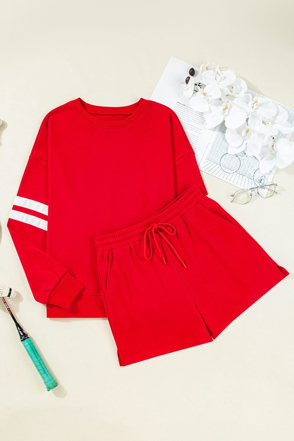 Fiery Red Varsity Striped Sleeve Drop Shoulder Sweatshirt And Short Set
