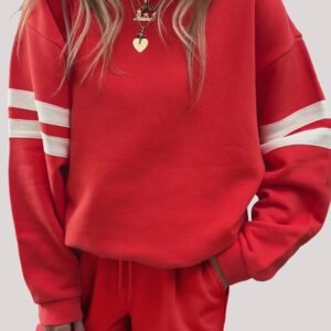 Fiery Red Varsity Striped Sleeve Drop Shoulder Sweatshirt And Short Set