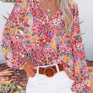 Fiery Red White Floral Print V Neck Long Puff Sleeve Top