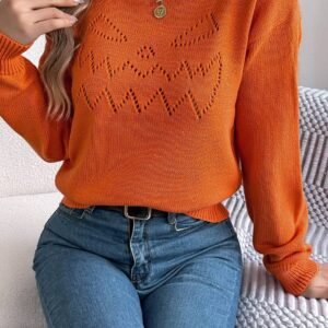 Flamingo Halloween Spooky Face Hollowed Pattern Casual Sweater