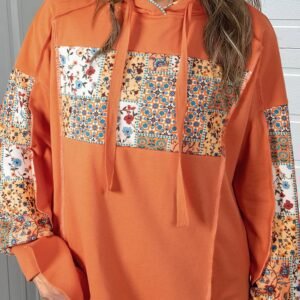 Flamingo Mix Floral Patchwork Side Slit Drawstring Hoodie