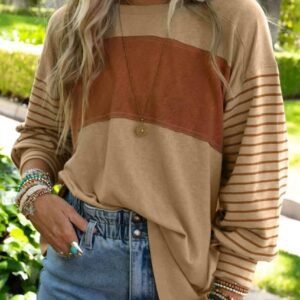 Flaxen Colorblock Striped Bishop Sleeve Top