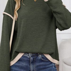 Four Leaf Clover Contrast Color Trim Knit Drop Shoulder Loose Top