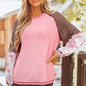 Fushia Mixed Print Patchwork Raglan Ribbed Knit Top