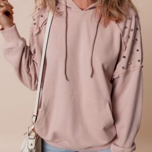 Fushia Solid Color Rivet Stud Raglan Sleeve Hoodie With Pocket