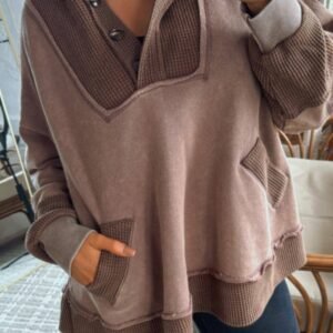Goat Waffle Contrast Patchwork Plus Size Pocketed Hoodie