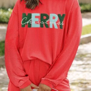 Gold Flame Corded Merry Christmas Letter Top And Shorts Set