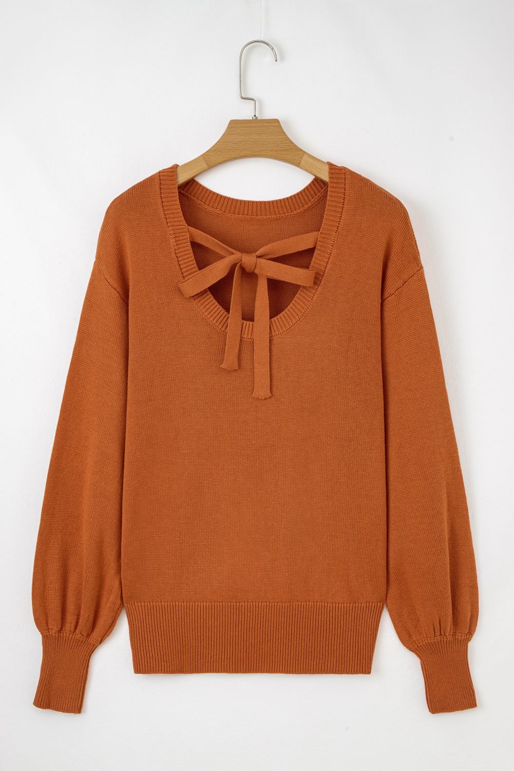 Gold Flame Solid Color Ribbed Trim Drop Shoulder Sweater