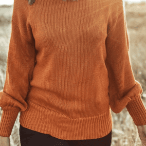 Gold Flame Solid Color Ribbed Trim Drop Shoulder Sweater