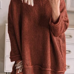 Gold Flame Solid Color Textured Crew Neck Loose Sweater