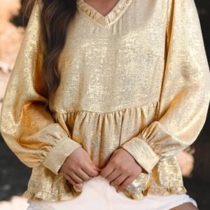 Gold Metallic Frilled V Neck Puff Sleeve Babydoll Blouse