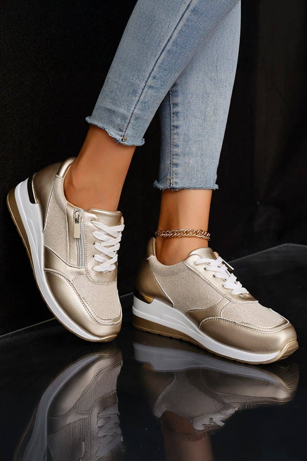 Gold Pu Leather Patchwork Zipper Lace-Up Sneakers