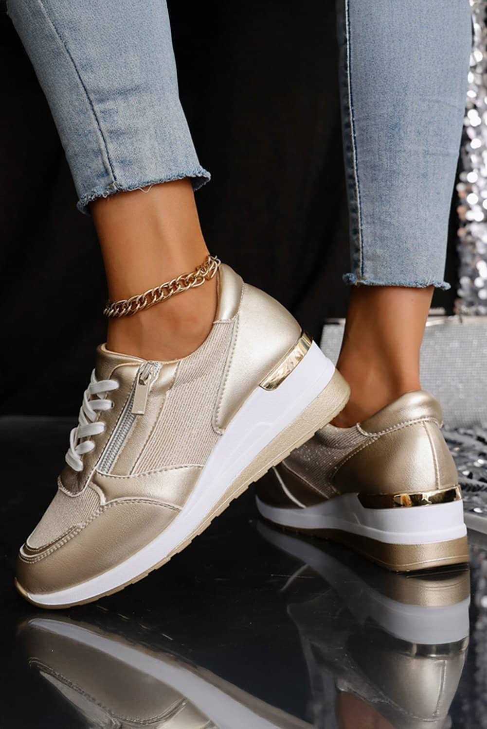 Gold Pu Leather Patchwork Zipper Lace-Up Sneakers