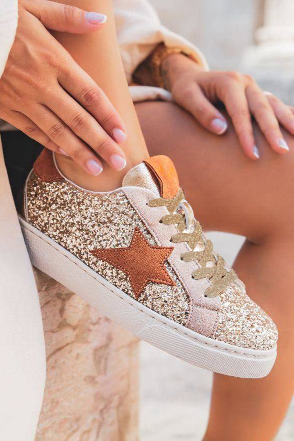 Gold Star Patchwork Sequined Lace-Up Sneakers