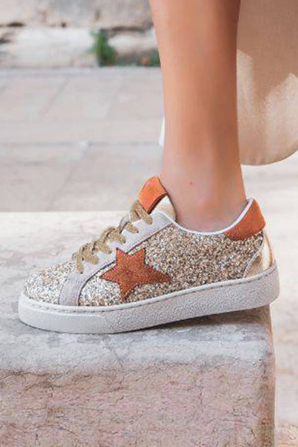 Gold Star Patchwork Sequined Lace-Up Sneakers