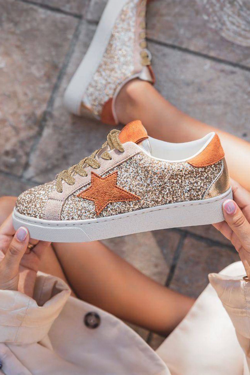 Gold Star Patchwork Sequined Lace-Up Sneakers