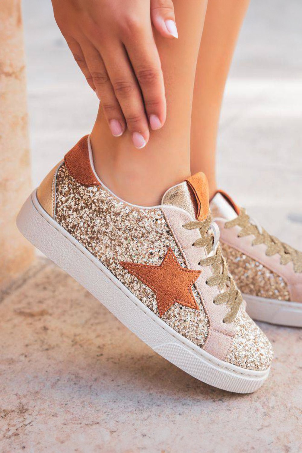 Gold Star Patchwork Sequined Lace-Up Sneakers