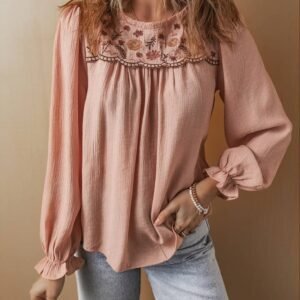 Gossamer Pink Floral Embroidered Textured Flounce Sleeve Elegant Blouse