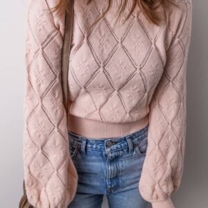 Gossamer Pink Openwork Plaid Puff Sleeve Cropped Sweater