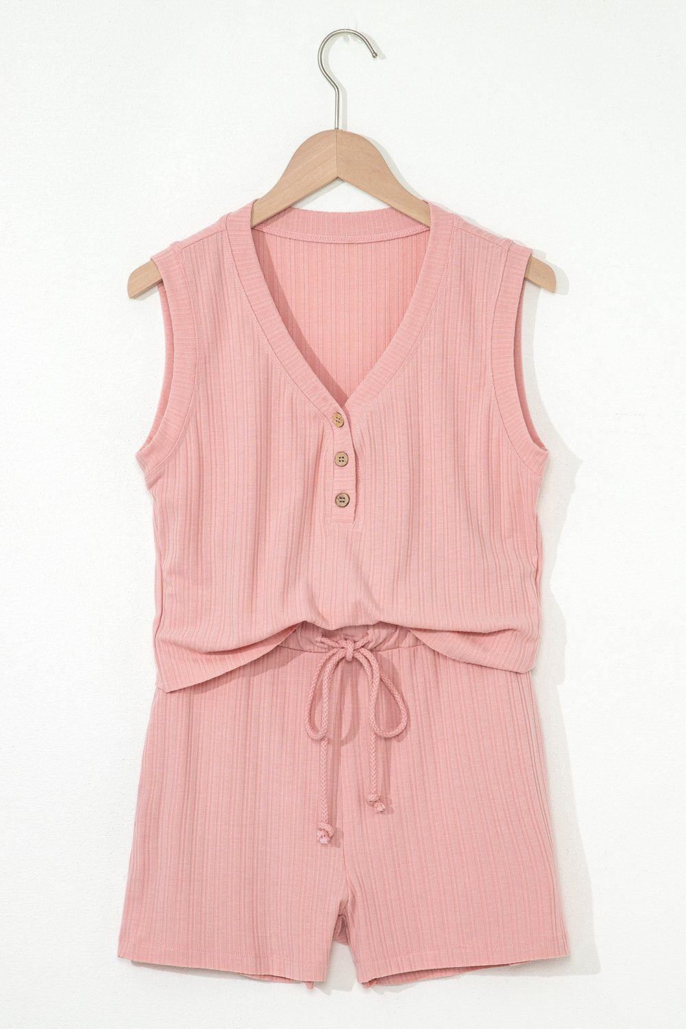 Gossamer Pink Ribbed Button V Neck Tank Top And Shorts Set