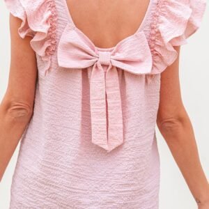 Gossamer Pink Textured Bow Knot Frilled Butterfly Sleeve Blouse