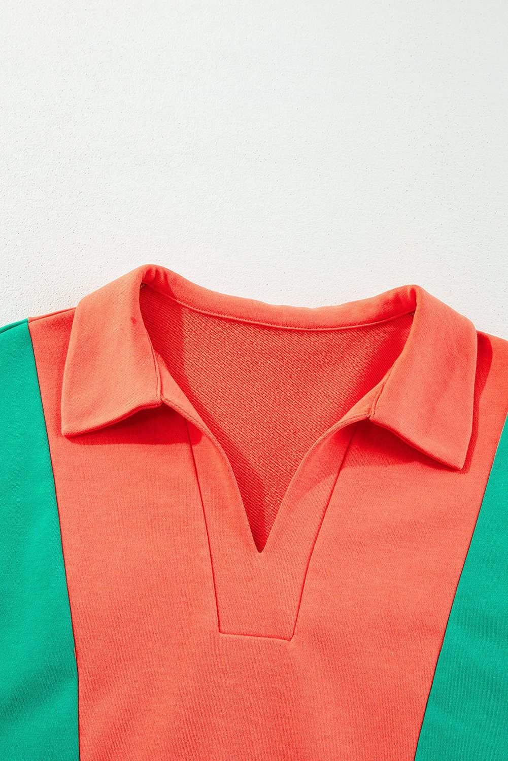 Grapefruit Orange Color Block Patchwork Collared V Neck Loose Top