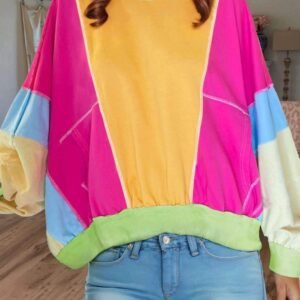 Grapefruit Orange Colorblock Patchwork Exposed Stitching Oversize Top