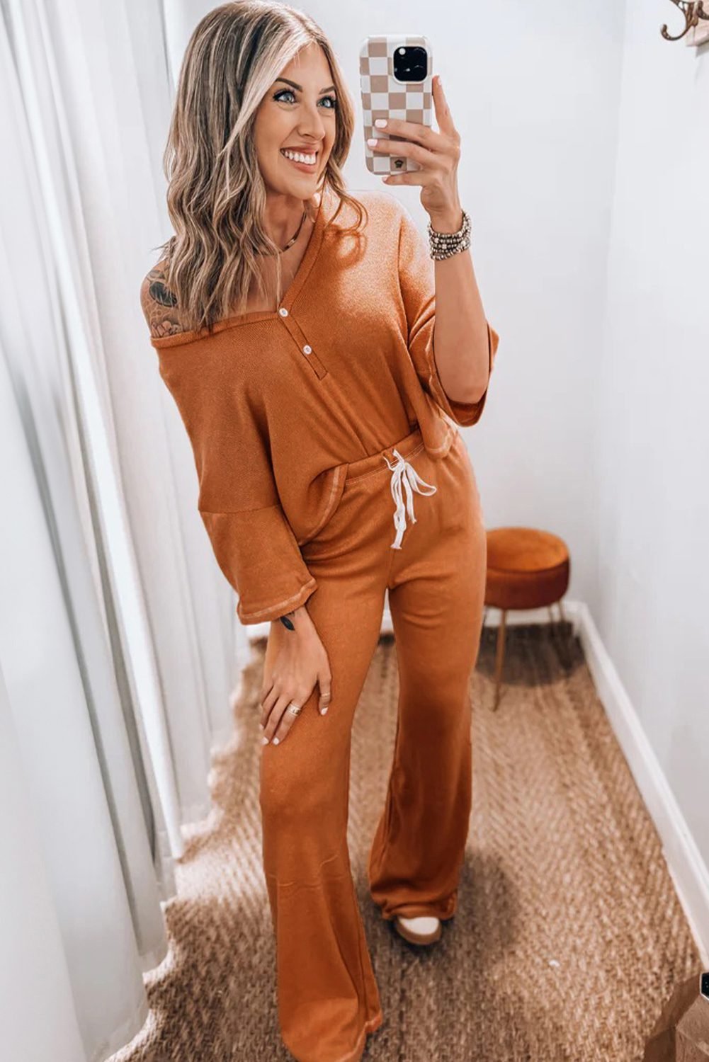 Grapefruit Orange Contrast Stitching Buttoned V Neck Half Sleeve Top And Drawstring Flare Pants Set